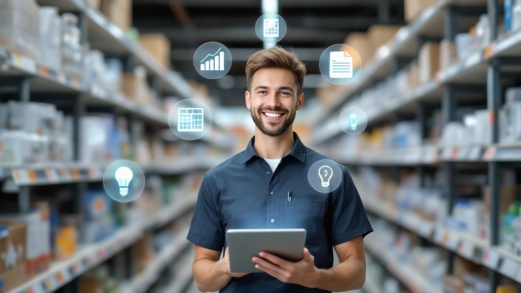 Retail worker smiling in a warehouse aisle, symbolizing the retail industry's workforce.