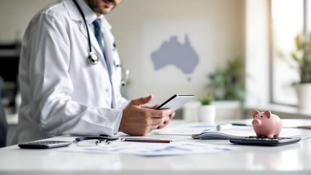 Doctor in white coat working at desk with Australia map in background