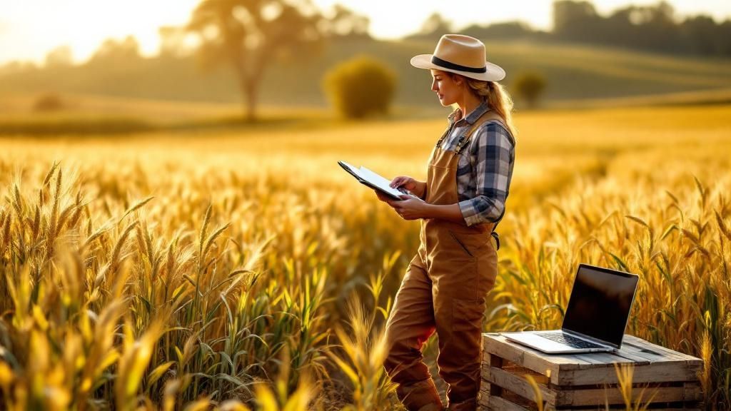 A farmer using a laptop in a wheat field, symbolizing agricultural work and tax guidance in Australia.