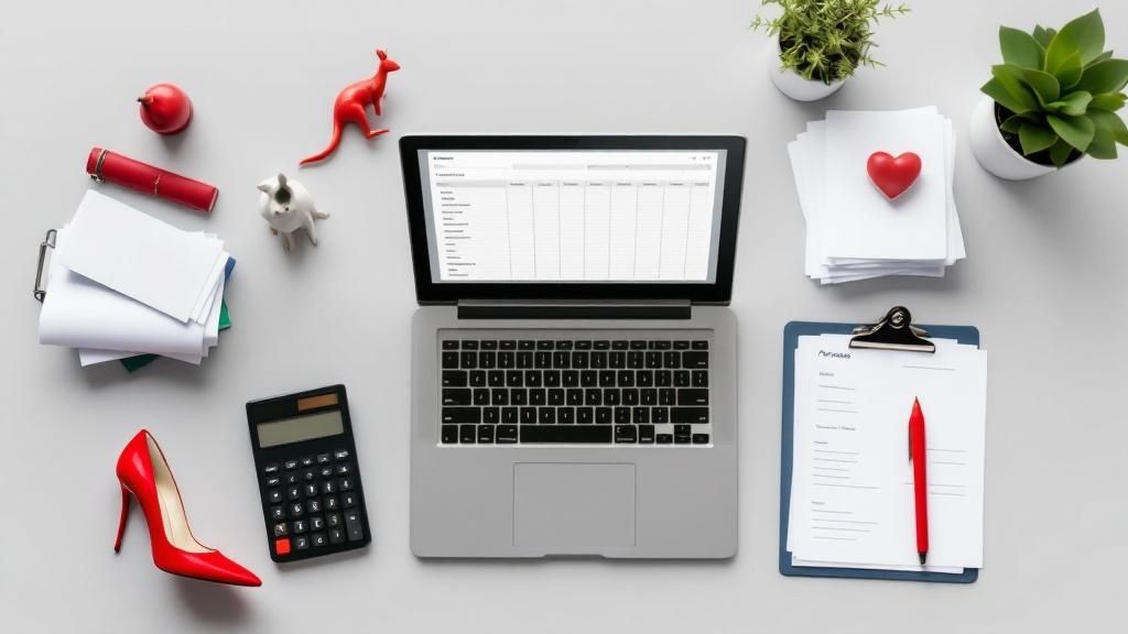 Flat lay of a laptop, calculator, tax forms, and heart-shaped items on a desk