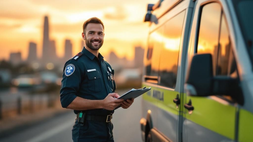 Smiling Australian paramedic standing next to an ambulance at sunset