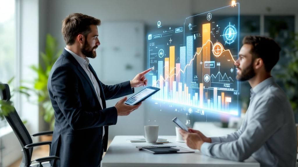 Two business professionals analyzing financial data with a futuristic digital interface