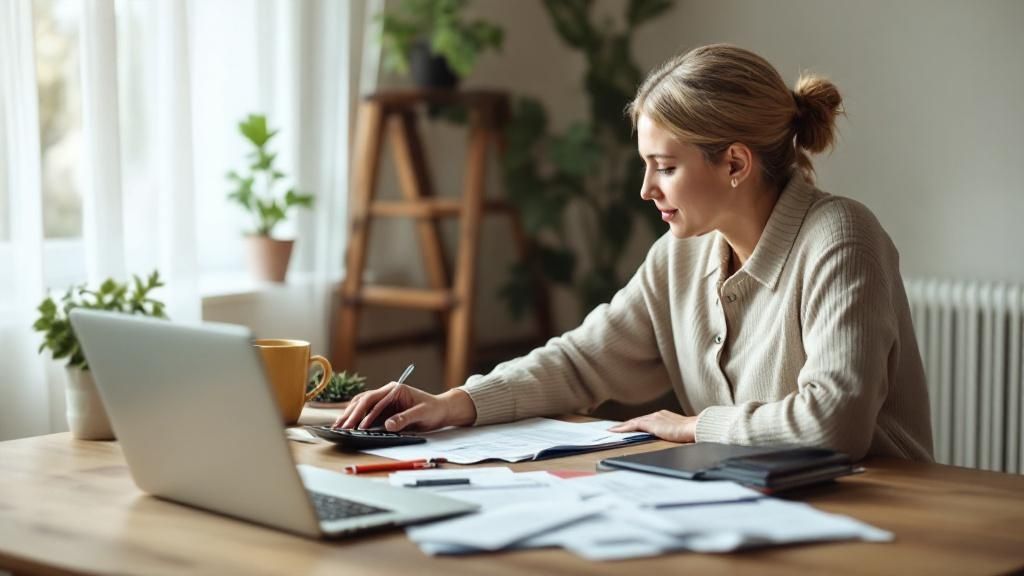 Woman working on a laptop in a cozy home office with coffee and paperwork