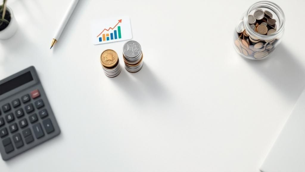Flat lay of financial planning tools including calculator, coins, and business chart on white desk