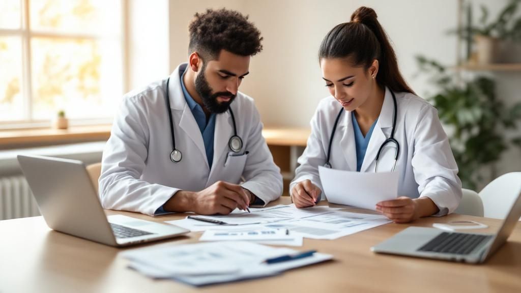 Two medical professionals discussing documents at a desk in a modern office