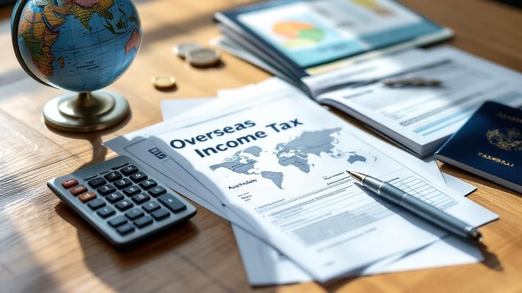 Documents labeled 'Overseas Income Tax' with a calculator and pen, representing international tax reporting for Australian residents.