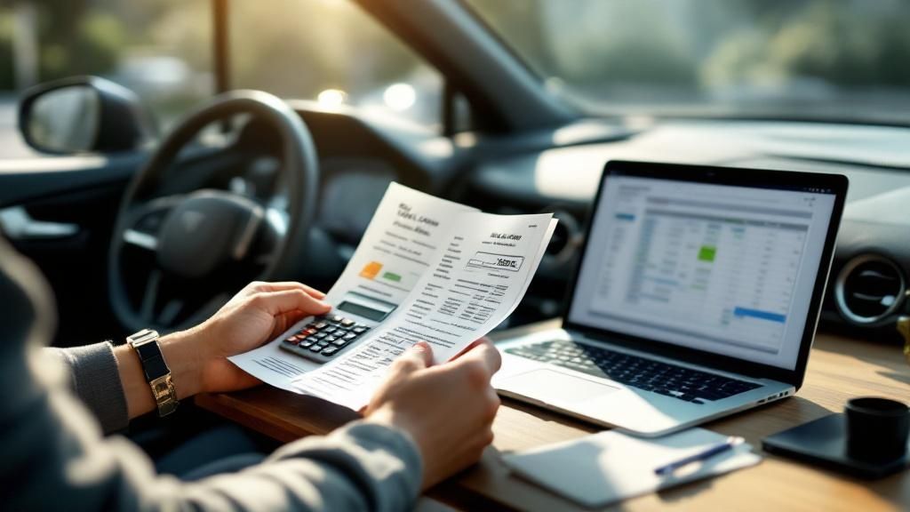 Person using calculator and laptop with car-related receipts inside a vehicle