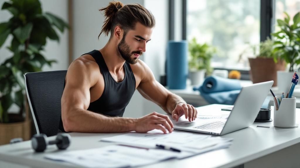Fitness trainer working on tax documents using a laptop at home