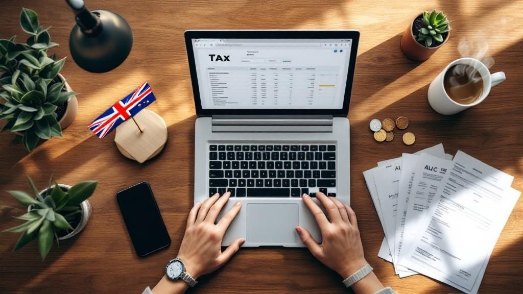 Top view of a person working on a laptop with tax documents, coffee, and British and Australian flags – symbolizing international tax preparation