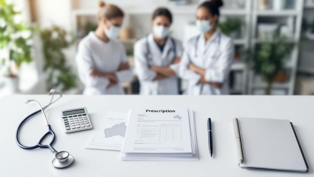 Medical professionals with tax documents and a stethoscope on a desk, symbolizing tax filing for healthcare workers in Australia.
