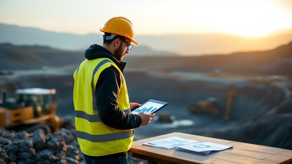 Male worker in high-visibility gear using a tablet on an Australian mining site at sunrise