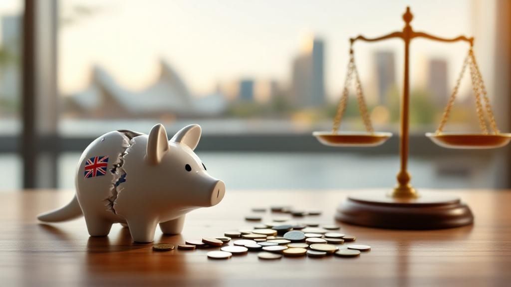 Piggy bank with Australian flag sticker next to scales of justice symbolizing bankruptcy consequences in Australia