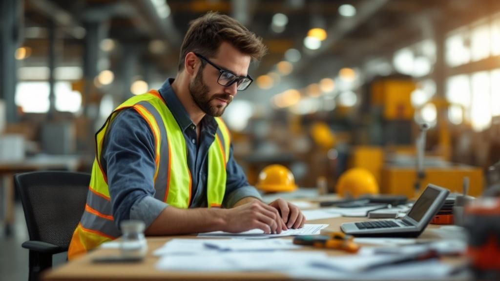 Factory worker in high-visibility vest reviewing tax paperwork on a laptop at a warehouse
