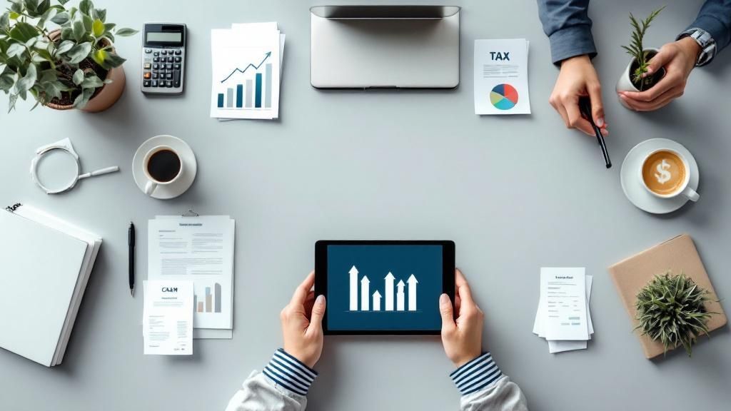 A flat lay of business tools and hands working on tablets and documents, representing financial planning.