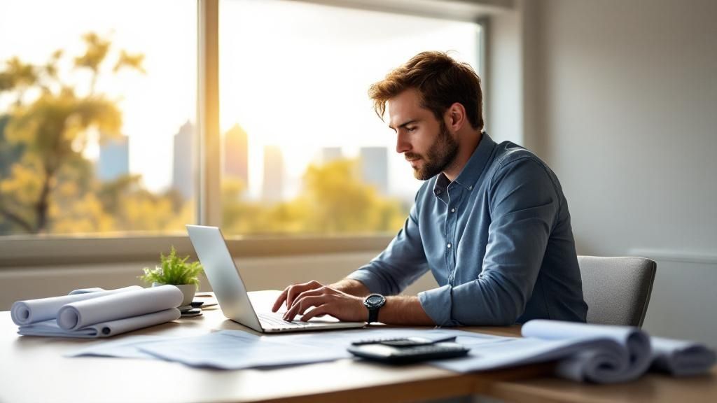 Engineer working on a laptop at a desk with documents and a city skyline outside the window.