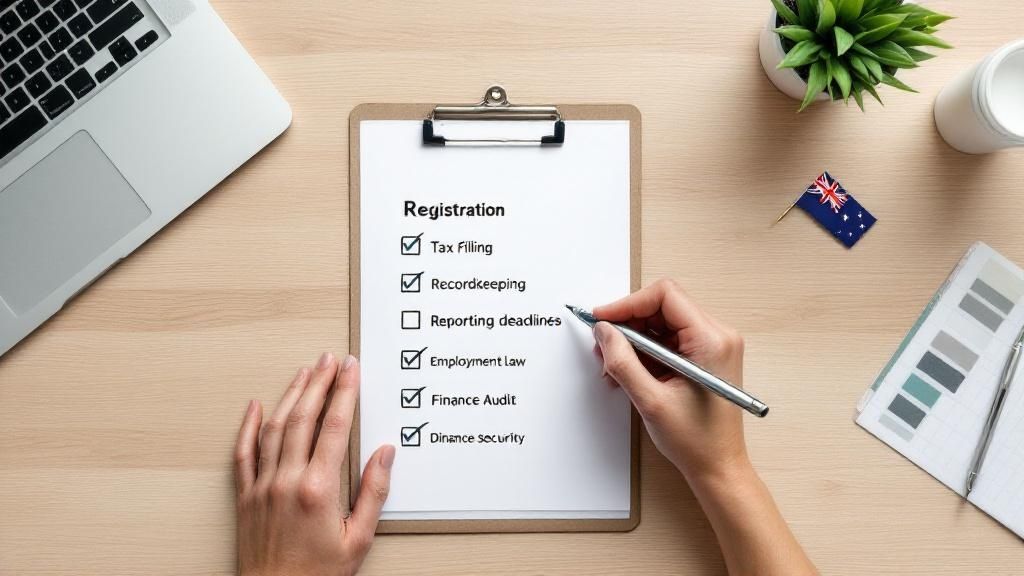 A person filling out a small business compliance checklist at a desk with a laptop and Australian flag.