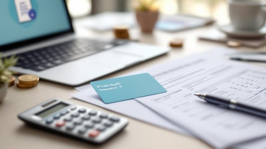 A close-up of a workspace with a laptop, calculator, documents, and a health insurance card — representing tax offset claims for private health insurance in Australia.