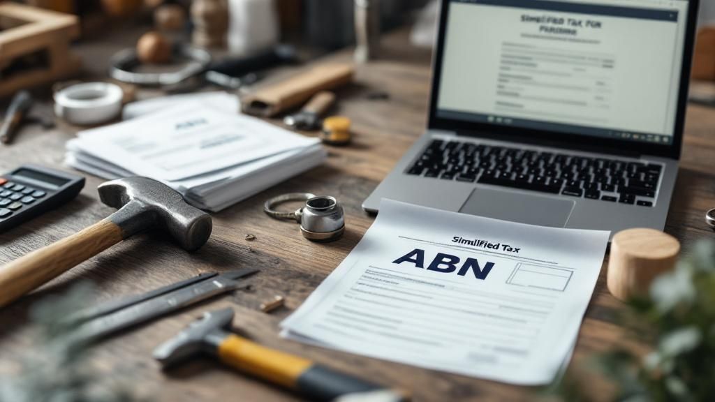 A laptop, Australian Business Number (ABN) document, and tools on a desk representing tax work for tradespeople