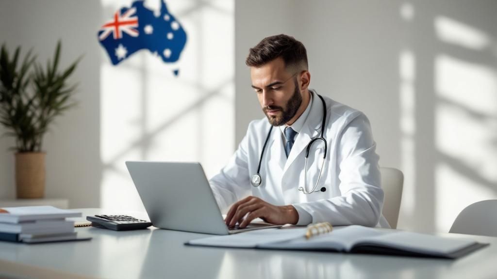 Doctor in white coat working on a laptop with the Australian flag in the background, symbolizing tax guidance for medical professionals.