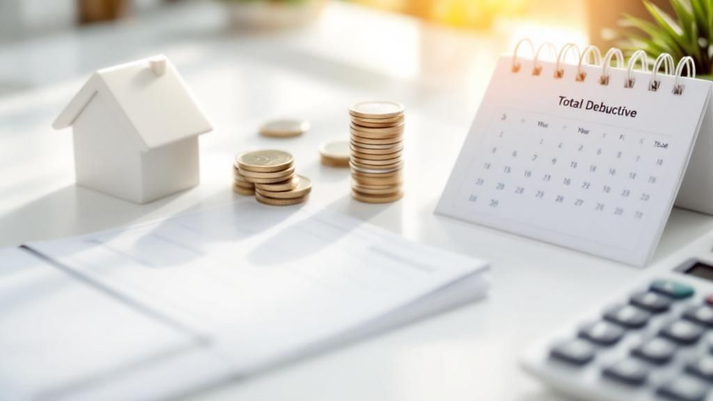 Financial planning concept with miniature house, stacked coins, calendar, and calculator on a desk