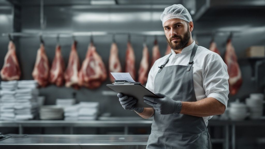 Male butcher using a digital tablet in a meat processing facility