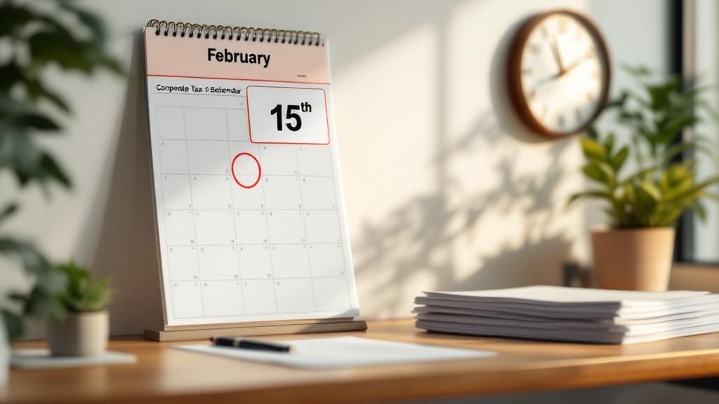 Desk calendar showing February 15th circled in red, next to a stack of documents