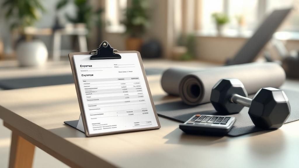 Tax paperwork on clipboard next to dumbbells and a calculator on a gym desk