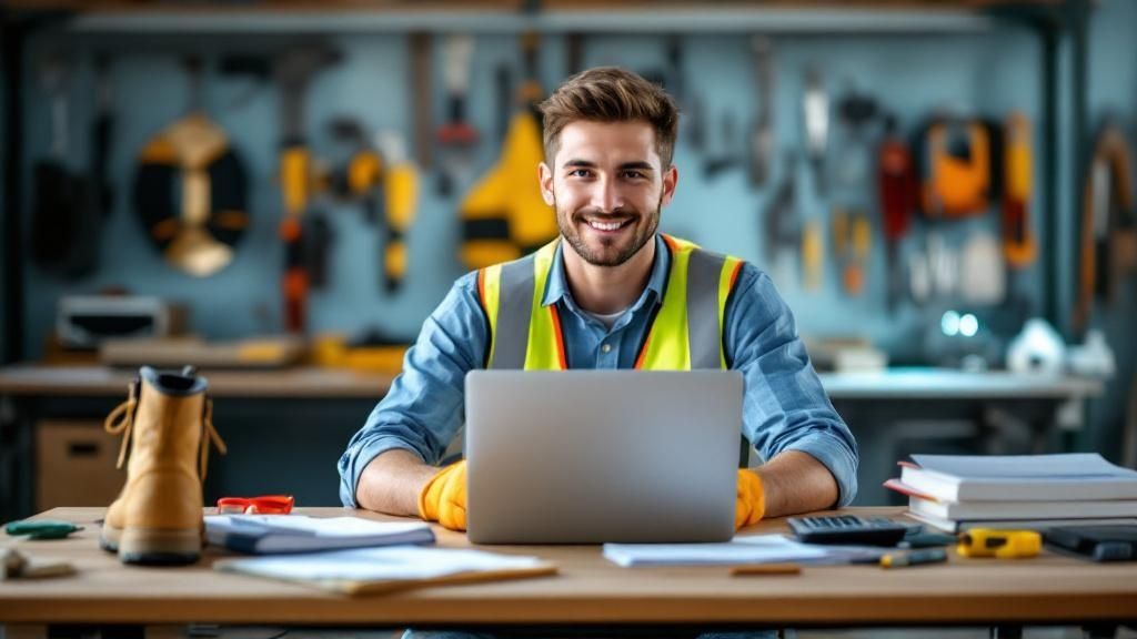 A smiling male apprentice in a workshop using a laptop for tax research