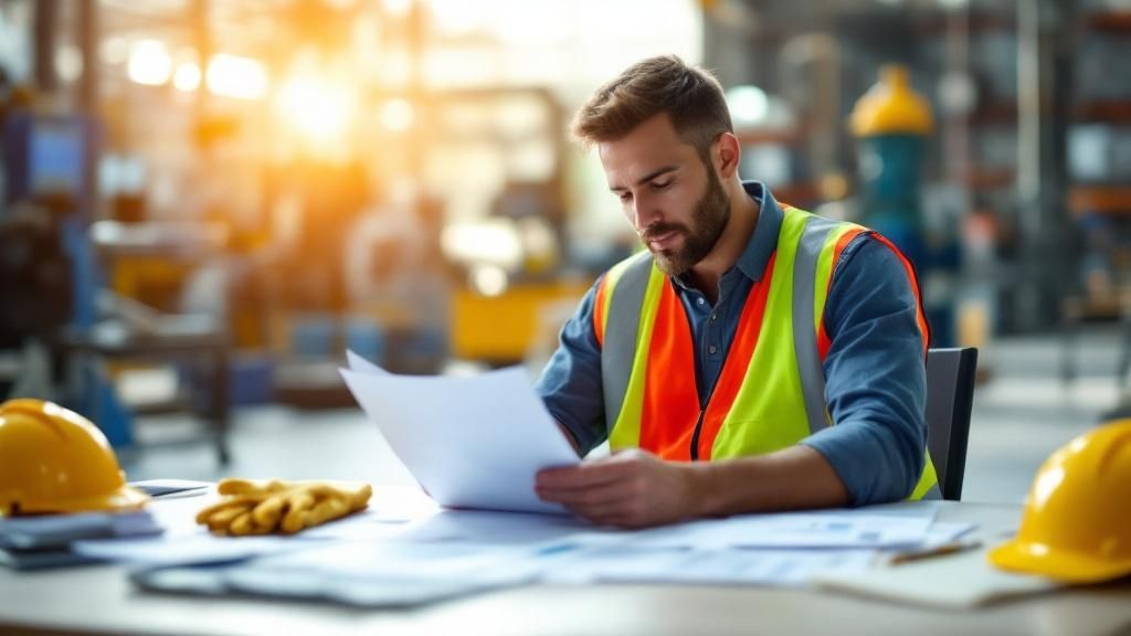 Factory worker in high visibility clothing reviewing paperwork in an industrial workspace.