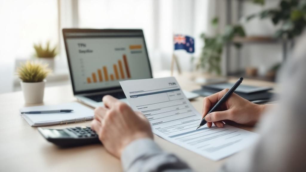 Person reviewing financial documents with tax charts on a laptop screen, symbolising how to claim the tax-free threshold in Australia.