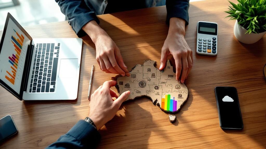 Business meeting with financial charts, hands collaborating over data on a wooden desk