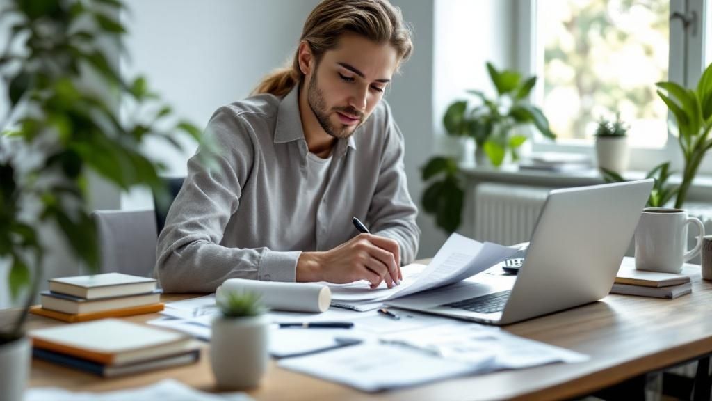 Male teacher working on tax paperwork at a desk with a laptop and documents