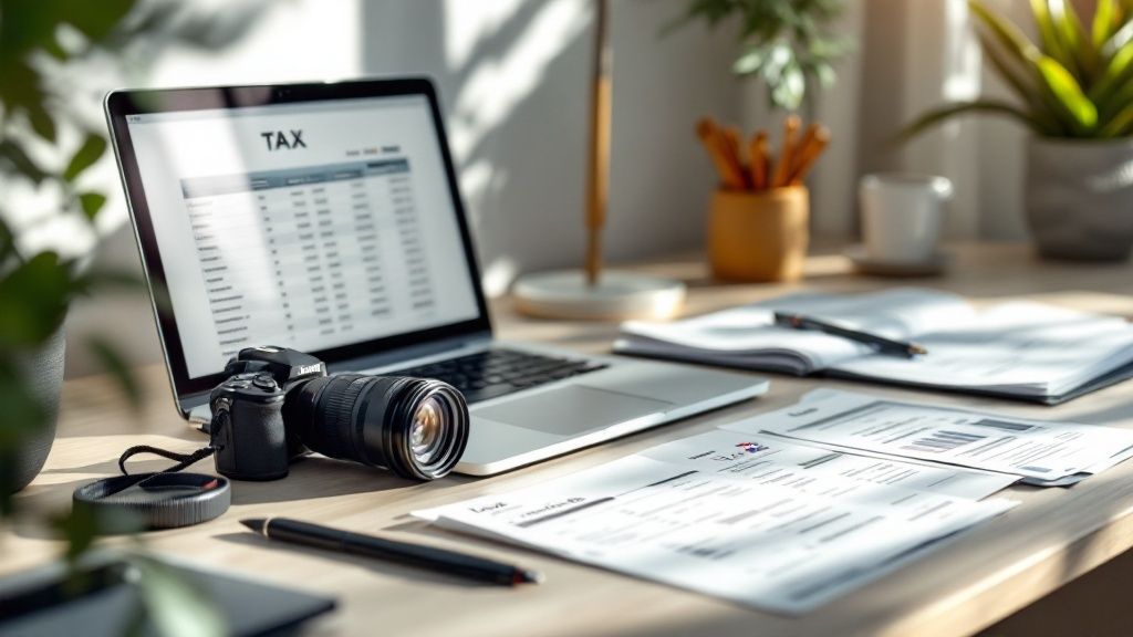 Camera and tax documents on a desk, symbolizing tax preparation for creative professionals.