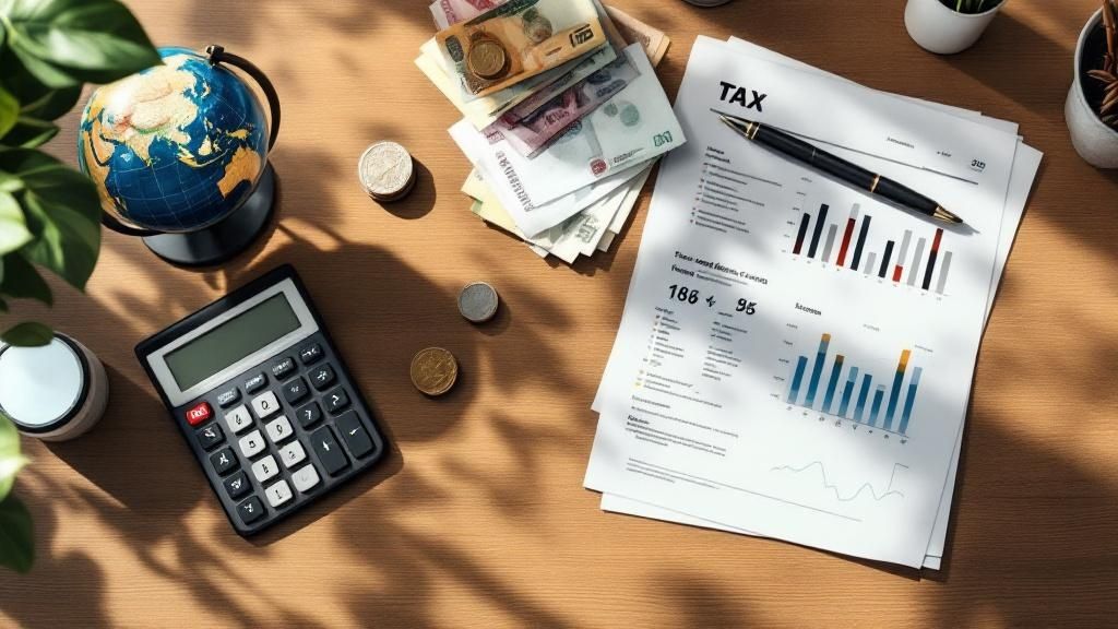 Tax documents, calculator, and global coins on a wooden desk representing foreign income and international taxation