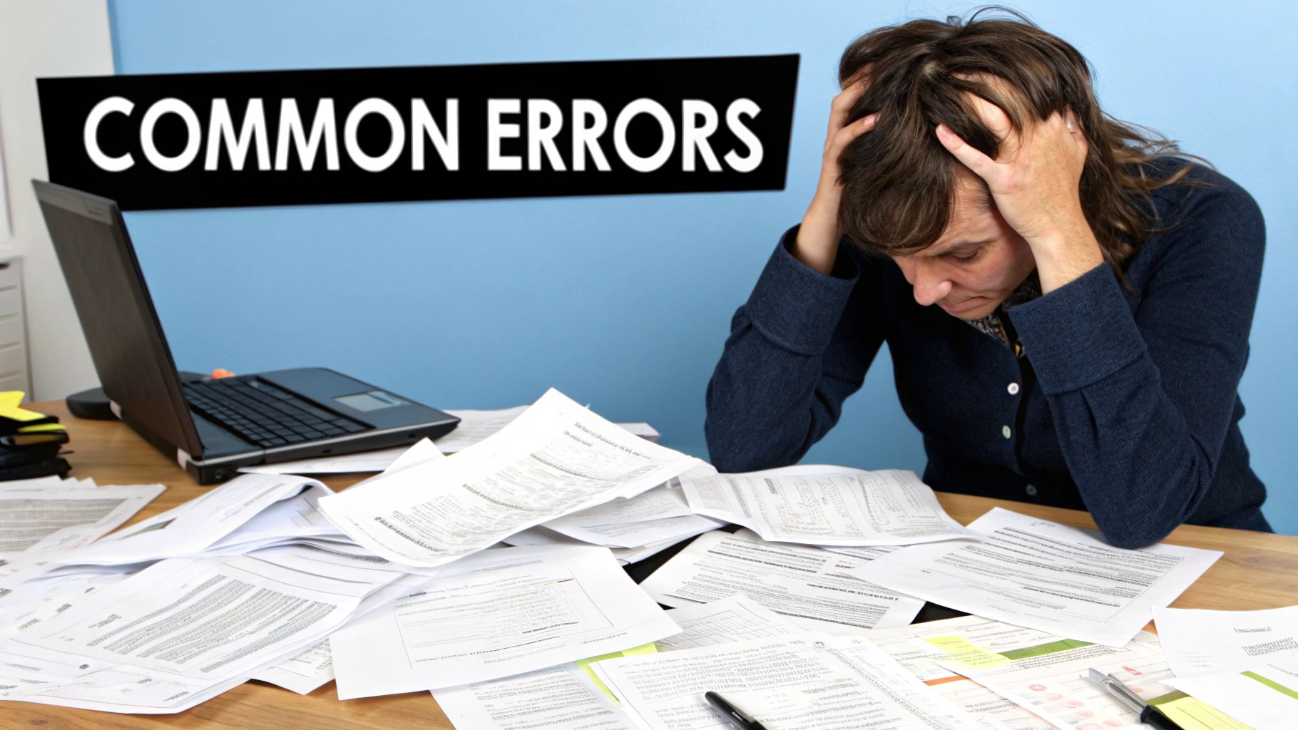 A frustrated person holding their head in their hands, surrounded by disorganized tax documents and a laptop, with the text 'COMMON ERRORS' above.