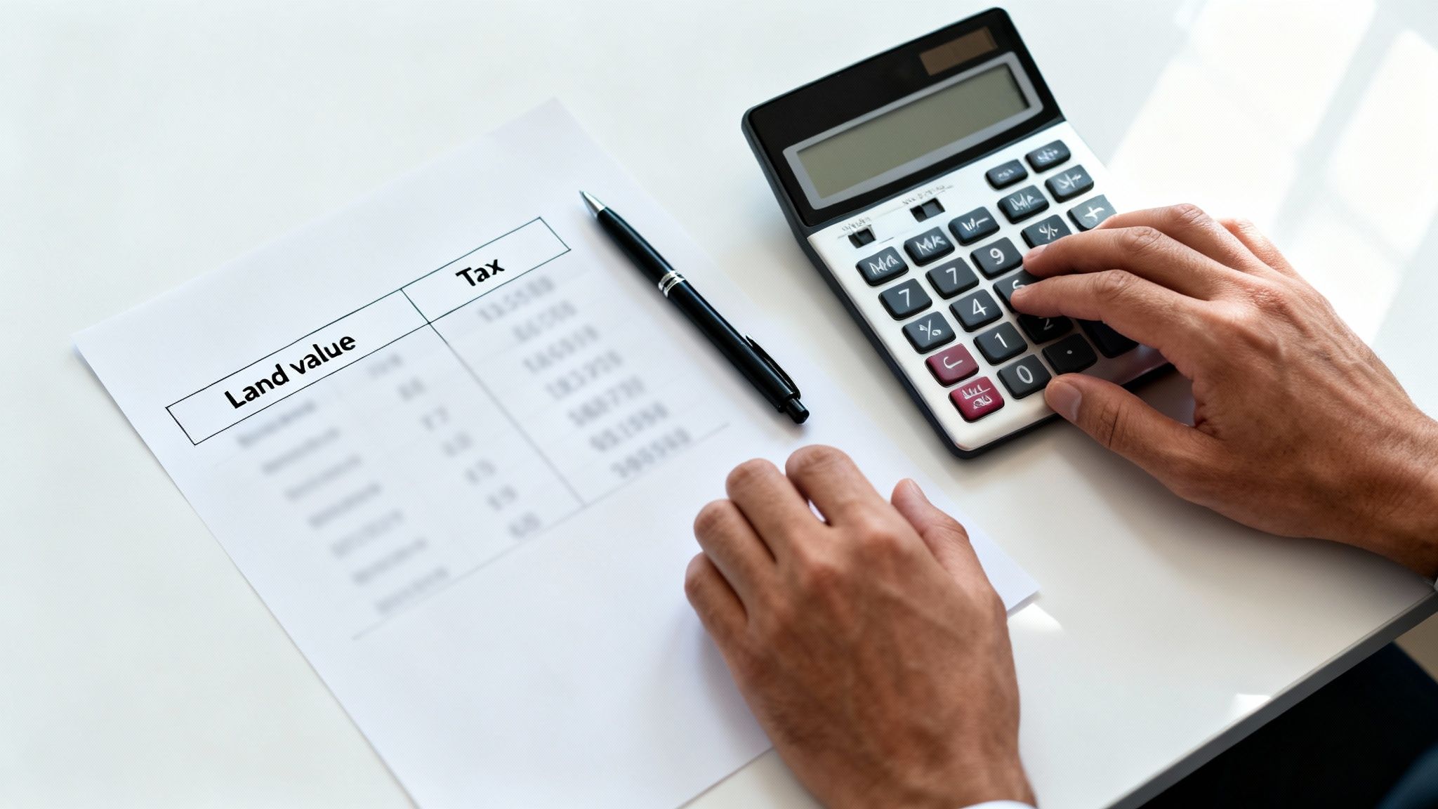 A person's hands using a calculator next to a document displaying 'Land value' and 'Tax'.