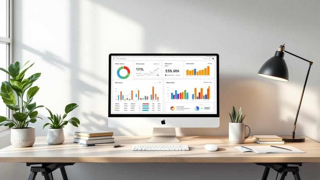 Desktop computer displaying colorful financial dashboards on a clean and modern workspace