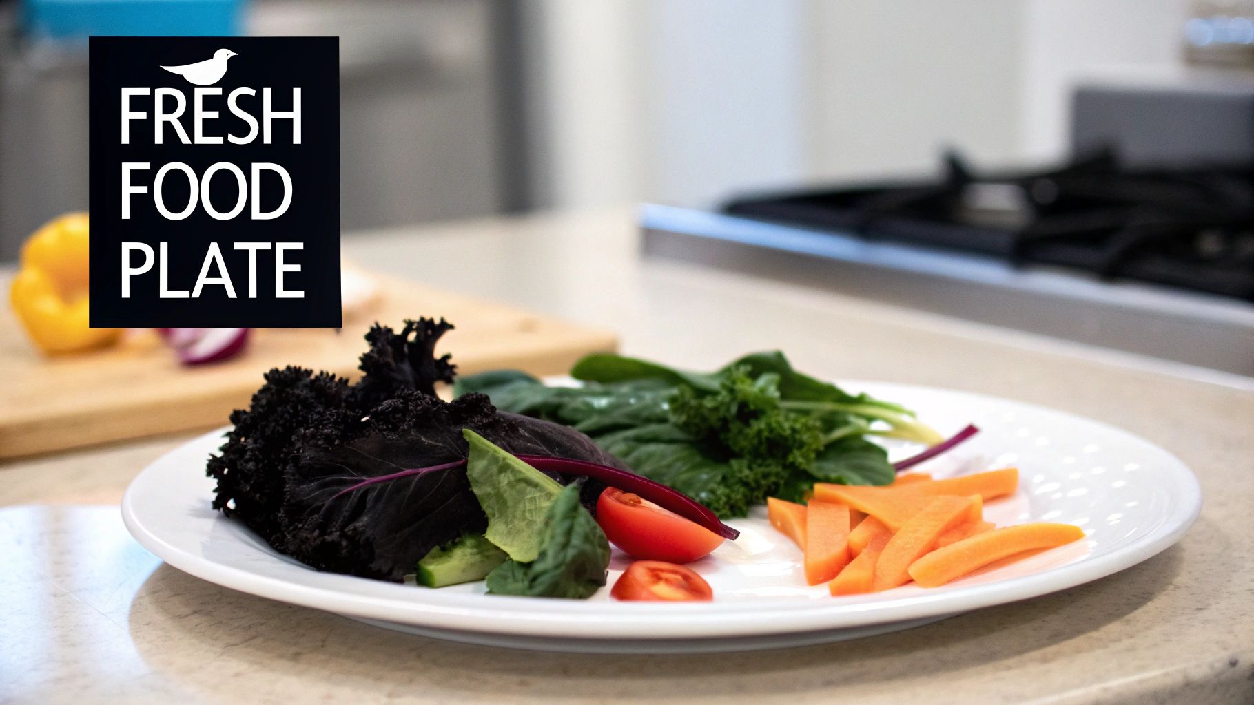 Fresh food plate with dark leafy greens, colorful vegetables including carrots and tomatoes on white plate
