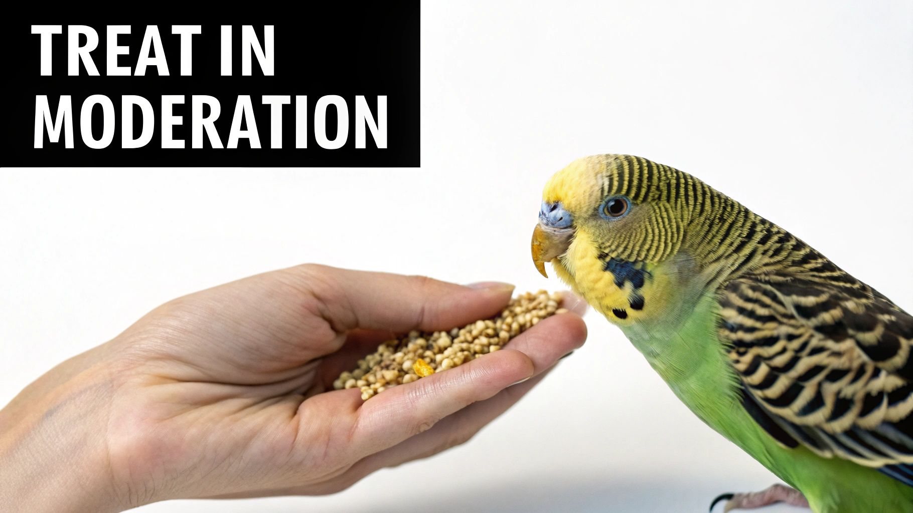 A person's hand offers birdseed to a green and yellow parakeet, emphasizing 'TREAT IN MODERATION'.