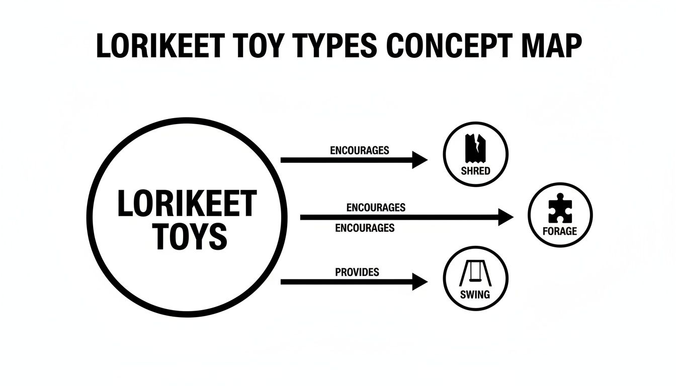 A concept map showing lorikeet toys encouraging shred, forage, and providing swing activities.