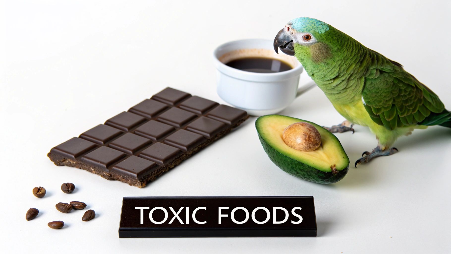 Green parrot standing near chocolate, coffee, and avocado with toxic foods warning sign