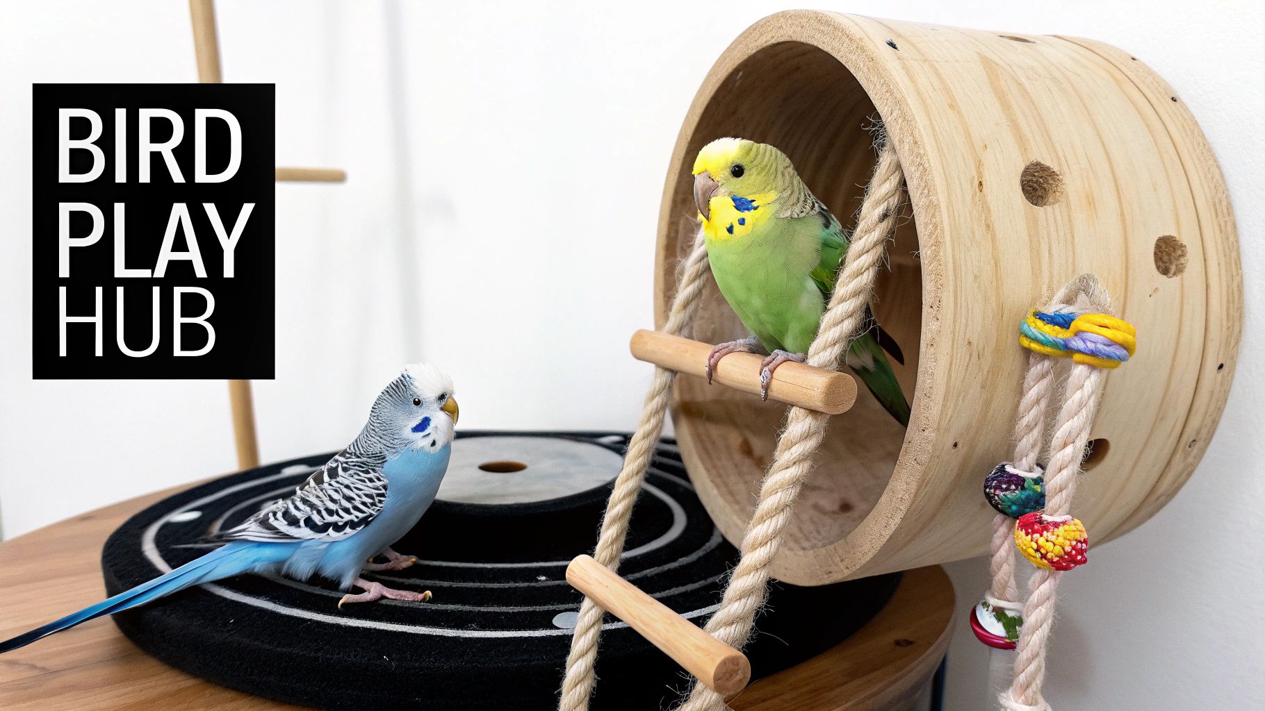 Two colorful budgies play on and around a wooden cable spool repurposed as a bird play hub.
