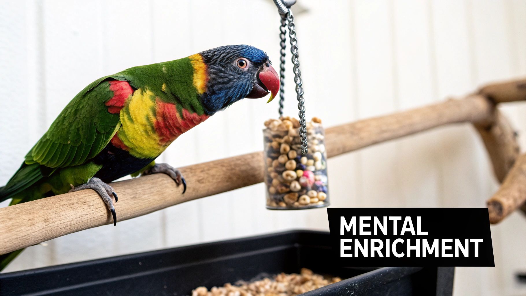 A colorful parrot interacts with a hanging foraging toy filled with treats, promoting mental enrichment.