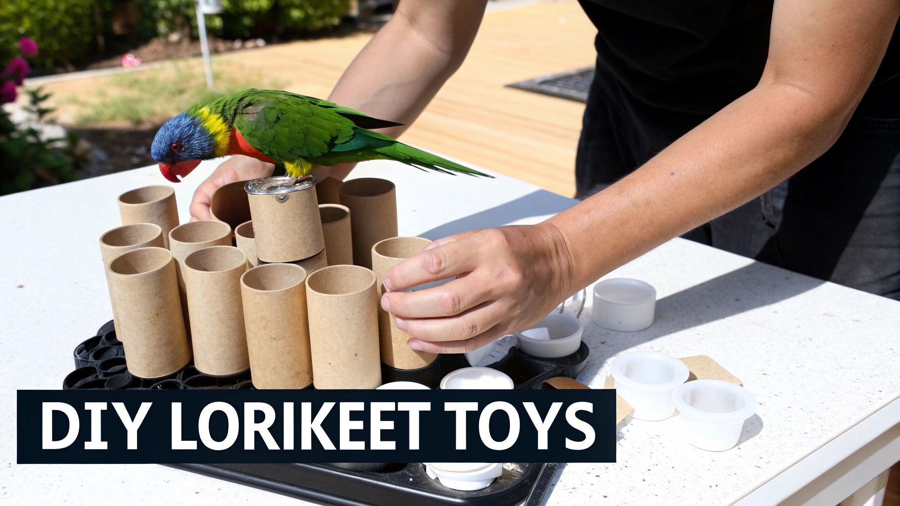 A person helps a colorful lorikeet bird play with DIY cardboard tube toys on a white table outdoors.