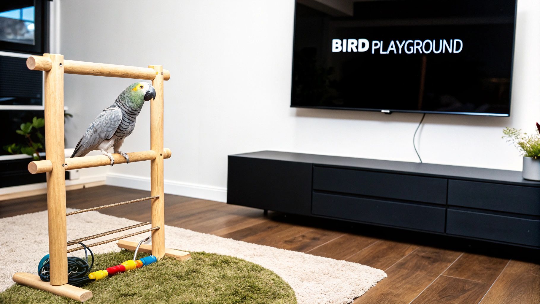 A gray parrot perched on a custom wooden play stand with bird toys and a TV.