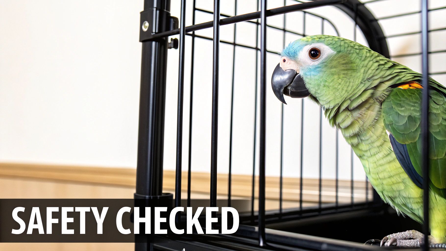 A green parrot with blue feathers on its head looks out from a black metal cage with a white wall background.