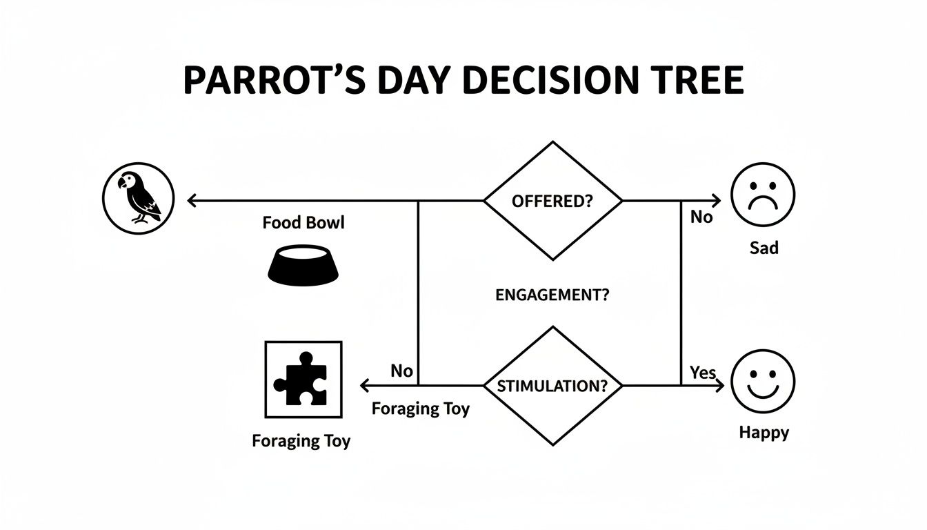 A flowchart depicting a parrot's day, with decisions on food, engagement, and stimulation resulting in happiness or sadness.