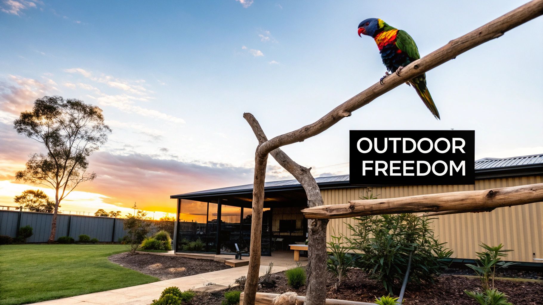 A colorful rainbow lorikeet bird perches on a wooden branch within an outdoor aviary during sunset.