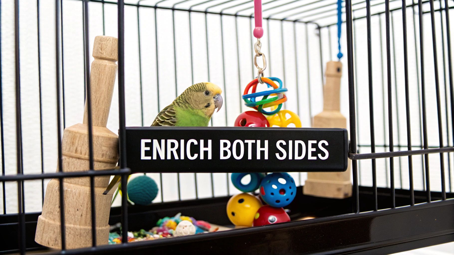 A colorful budgie inside a black bird cage with various toys and an 'ENRICH BOTH SIDES' sign.