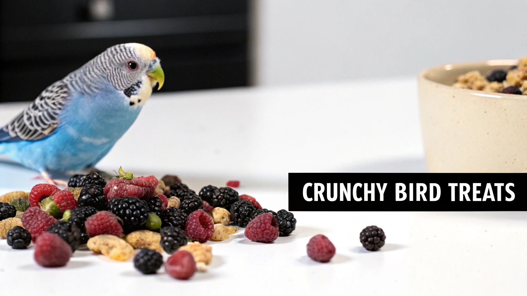 A blue parakeet stands beside a pile of fresh berries and crunchy bird treats on a white surface.
